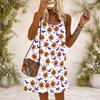 Women Plus Size Scoop Neck Thin Straps Sleeveless Loose Fit Halloween Pumpkin Printed White Dress