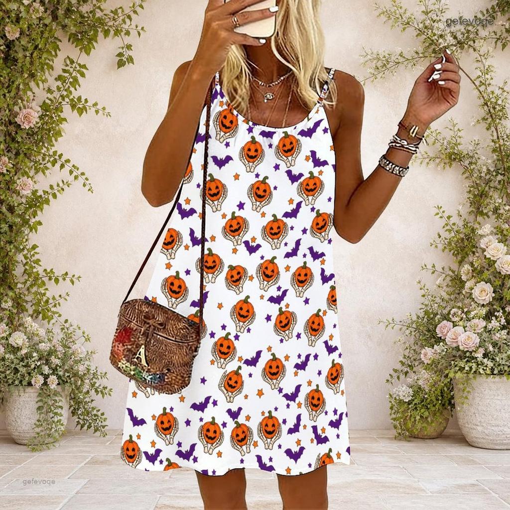 Women Plus Size Scoop Neck Thin Straps Sleeveless Loose Fit Halloween Pumpkin Printed White Dress
