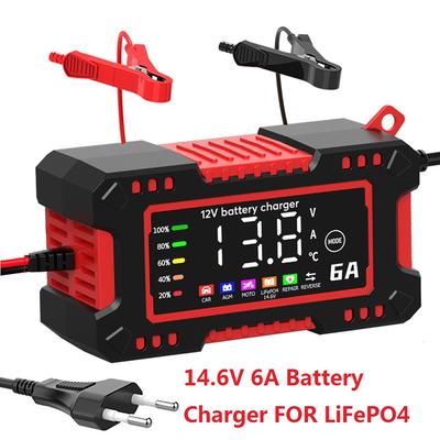 Cargador de batería de coche de 12 V y 6 A con pantalla grande, cargador de motocicleta eléctrica de 14,6 V y 6 A para baterías de litio Lifepo4 de plomo-ácido, AGM, gel y PB.