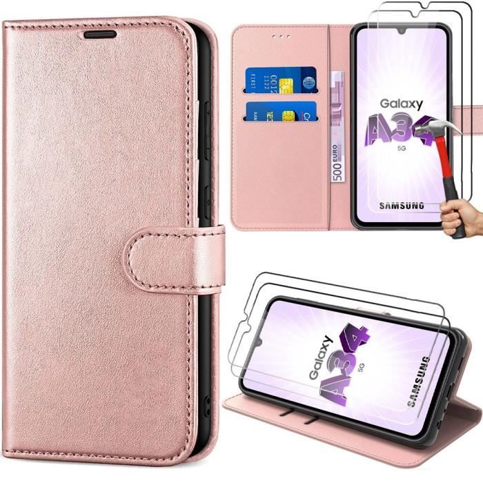 Coque de protection pour Samsung Galaxy A34 5G - BOOLING - Rose - Effet Cuir - Antichoc - 2 Verres Trempés