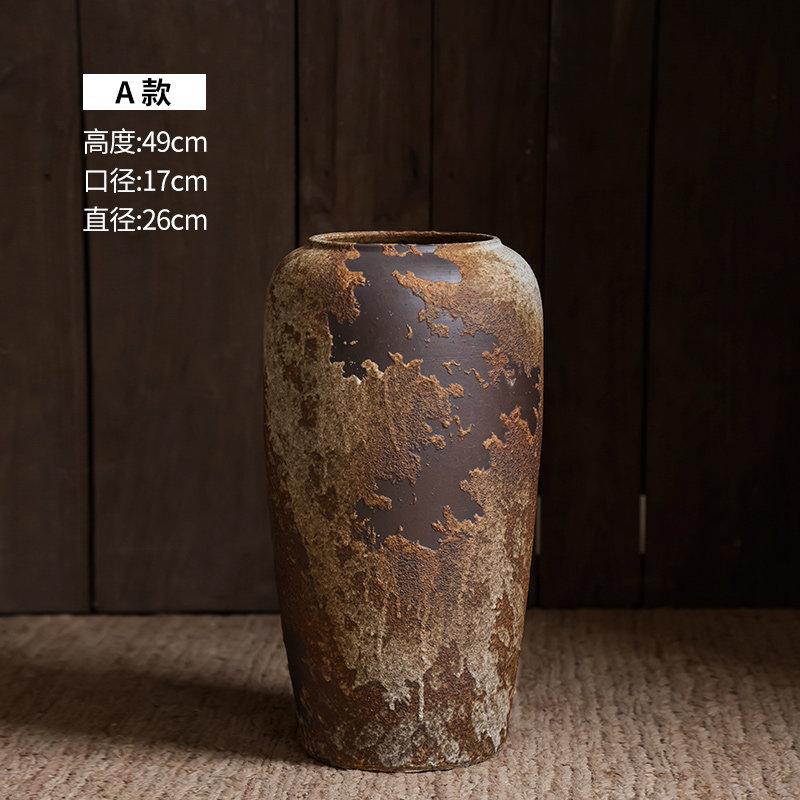 Wabi-Sabi Retro Ceramic Floor Vase - Zen Distressed Terracotta Pot for Dried Flowers, Rustic Home Living Room Decor