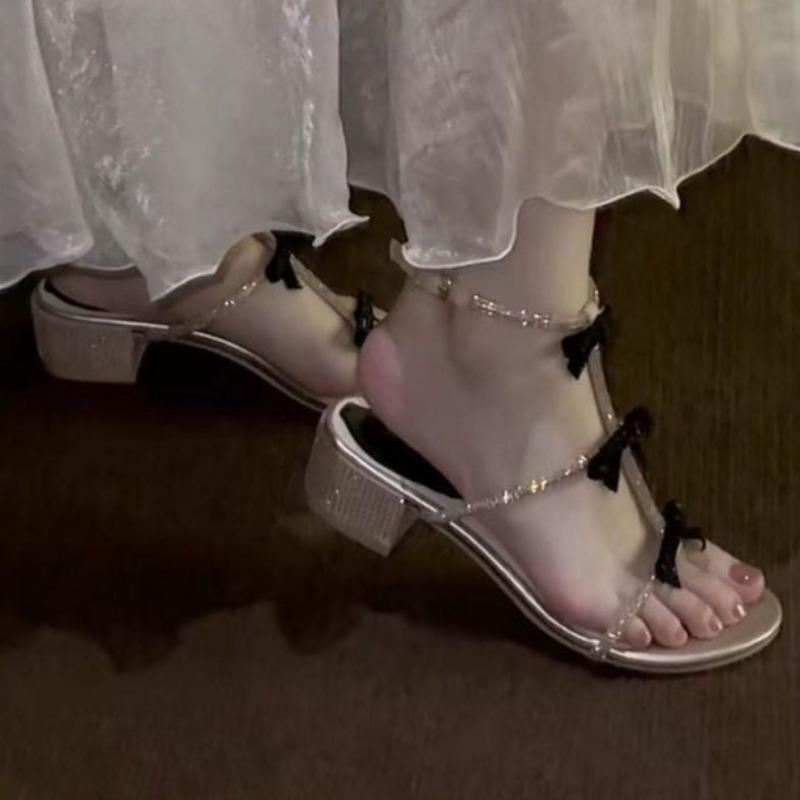 Fashion Women's Fashion Round Head Open Toe Crystal Fine Ribbon Butterfly Knot Anti-slip Wear-resistant Mid-heel Sandals Square Heels