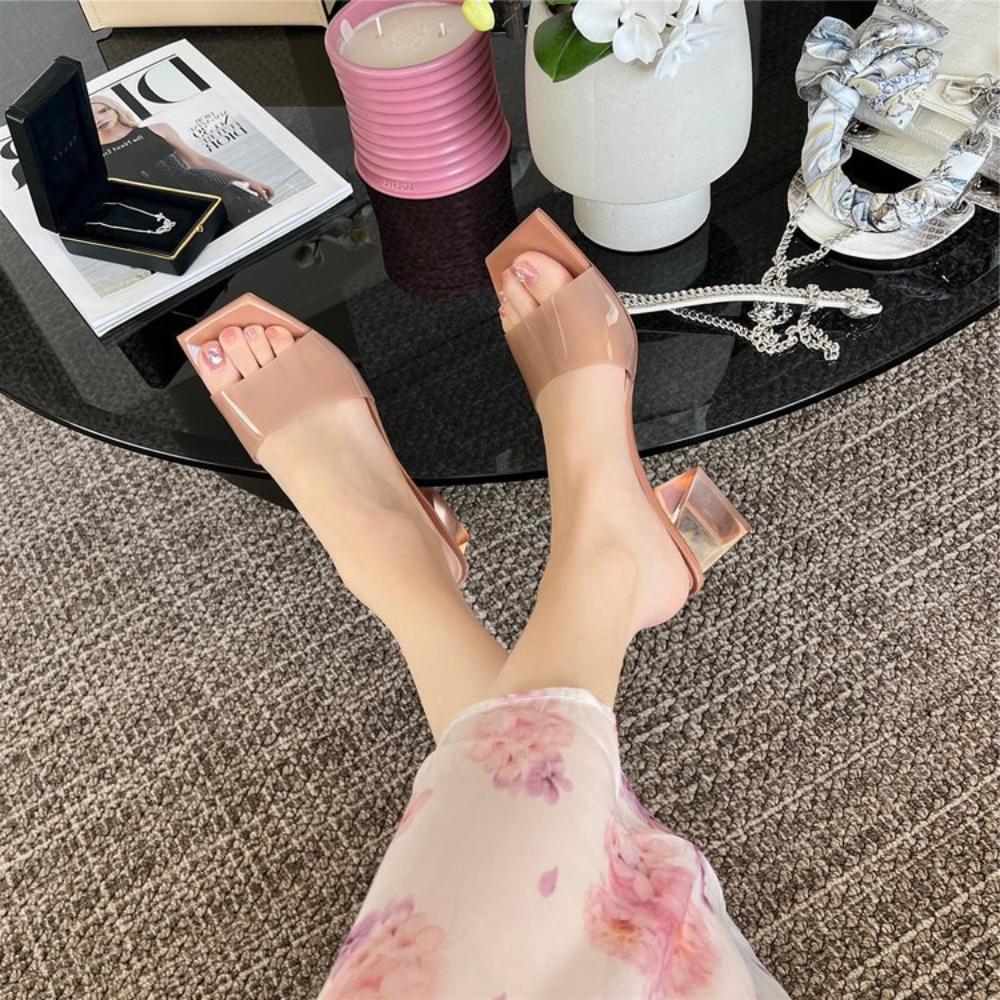 Ladies' Square Headed Transparent Thick Heel High-heeled Sandals and Slippers