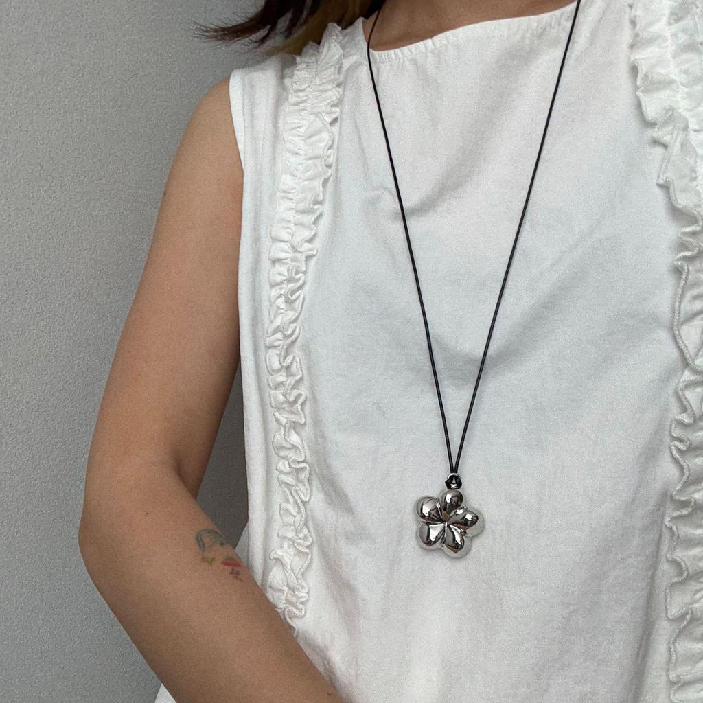 Geometric Silver Black Rope Sweater Chain Necklace for Women, Korean-Style, Long and Versatile
