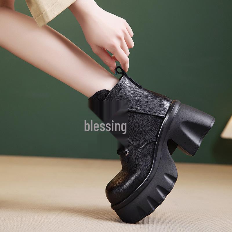 Women's Genuine Leather Martin Boots - Thick Sole, High Heel, Petite Height Boost, Versatile British Style for Autumn/Winter.