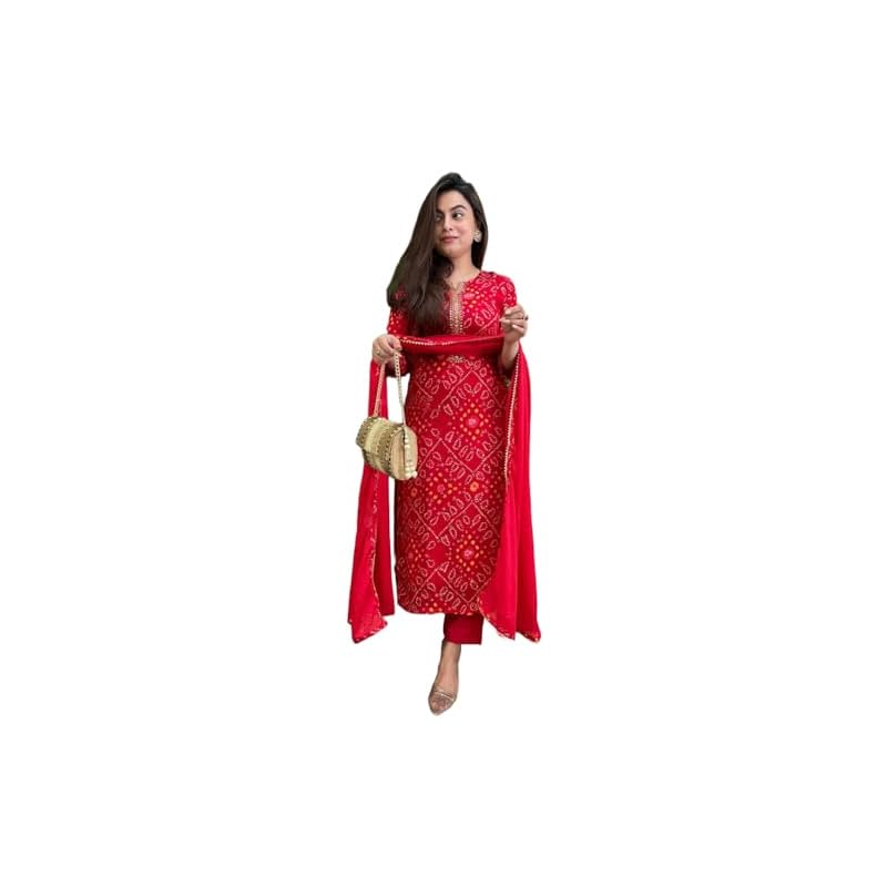 GoSriKi Women's Rayon Blend Bandhani Printed Straight Kurta with Pant & Dupatta (TURAE-RED-GS_L_Red_Large)