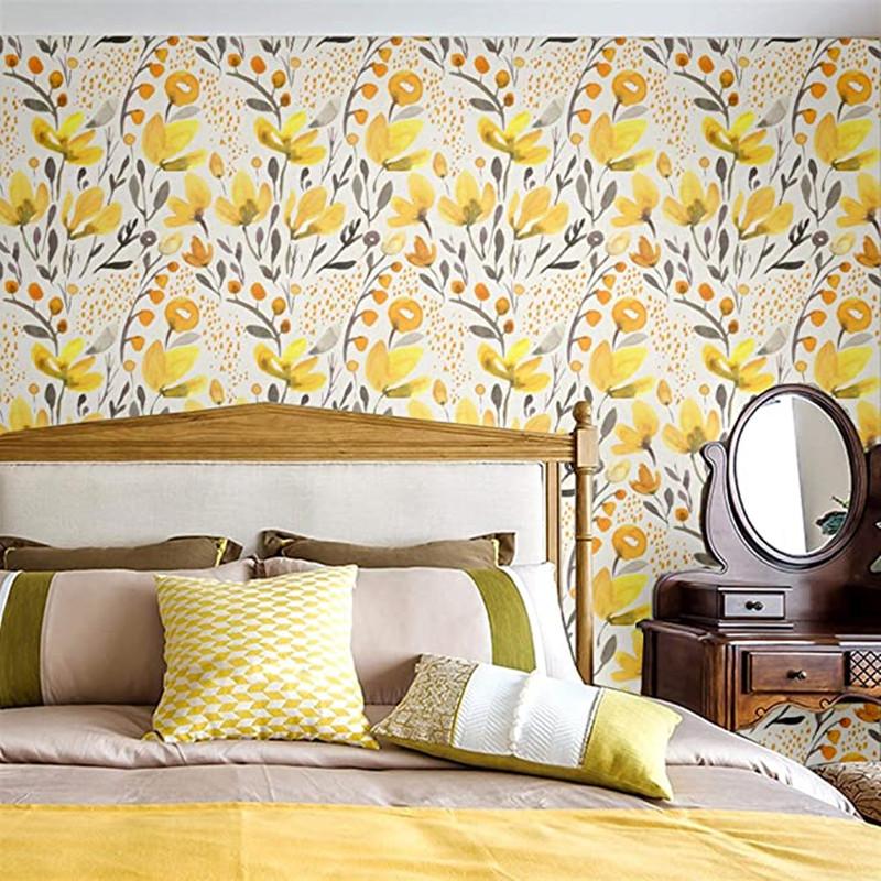 Żółta Świeża Kwiatowa Samoprzylepna Tapeta Winylowa Peel and Stick Ręcznie Malowany Akwarelowy Wzór do Salonu Dekoracja Domu