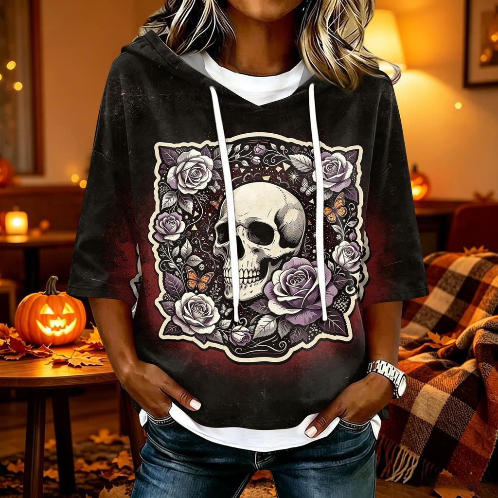 Women's Halloween Print Hooded Top, Loose Fit Casual 3/4 Sleeve Pullover Shirt