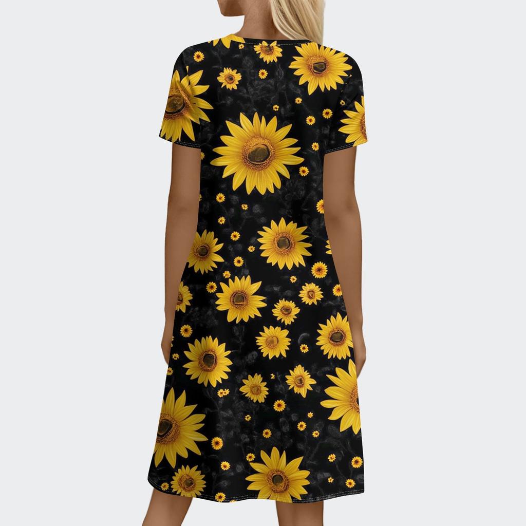 Sukienka Boho z krótkim rękawem dla kobiet, luźna, letnia, swobodna, z nadrukiem kwiatowym i kieszeniami