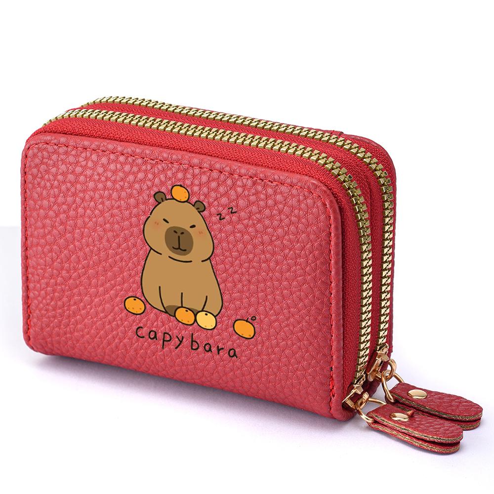 PU Leather Double Zipper With Photo Window Credit Card Holder Women, Cute Cartoon Print Ladies Perfect Birthday Gift