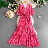 French light luxury elegant flared sleeve V-neck dress women's summer style romantic high-end printed dress
