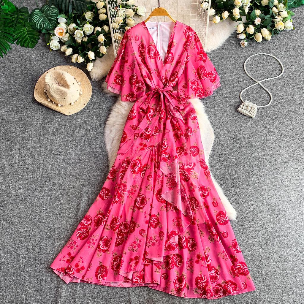 French light luxury elegant flared sleeve V-neck dress women's summer style romantic high-end printed dress