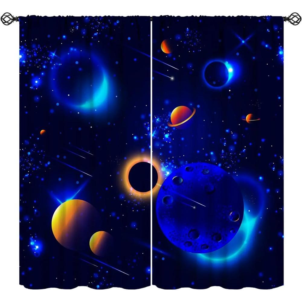 Conjunto de cortinas de porta com tema espacial 2 peças com design de galáxias, cortinas de painel de poliéster para vários tratamentos de janela de sala