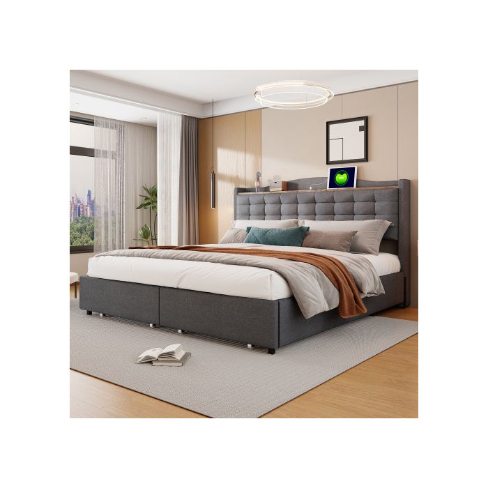 Lit double rembourré - MUVOE - 160x200 cm - Tiroirs de rangement - Prise USB intégrée - Tissu lin gris