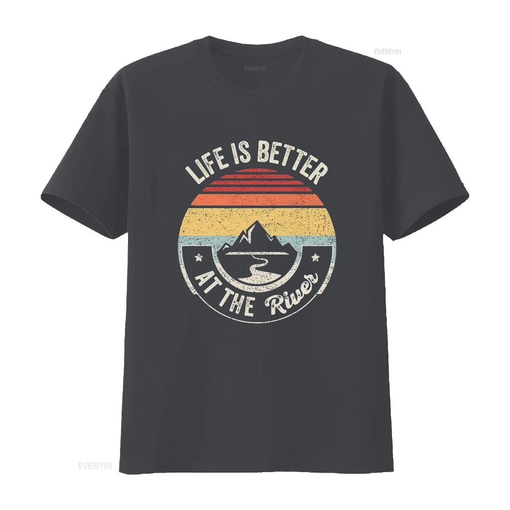 Mens River Floating Retro Life Is Better At The Camping  T Shirt Black X Large vintage Washed fashion Stretched Unisex Soft