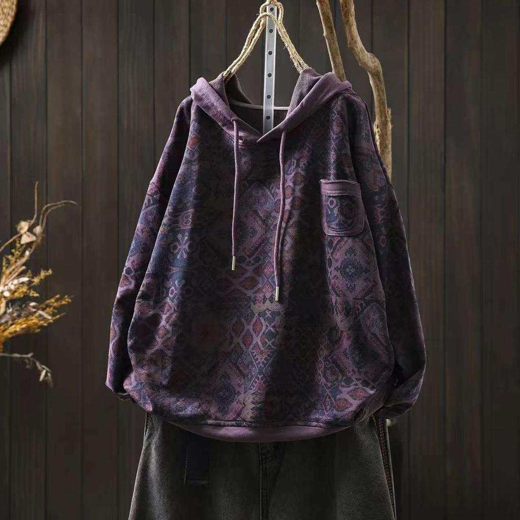 Johnature Damen Vintage Kapuzenpullover Strickpullover Print Floral Patchwork Taschen Herbst Gestrickt Lässig Weibliche Pullover