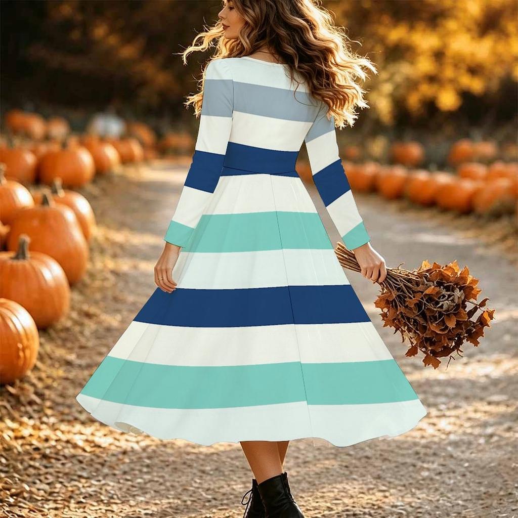 Halloween Women's Stripes Print Midi Dress A Line Dress Vacation Casual Daily Regular Fit Long Sleeve V Neck Black Spring Fall