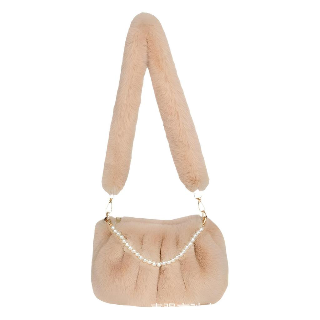 Women's 2024 New Wrinkled Small Square Bag Shoulder Bag Soft Plush Fur Ladies Elegant Pearl Chain Underarm Bag