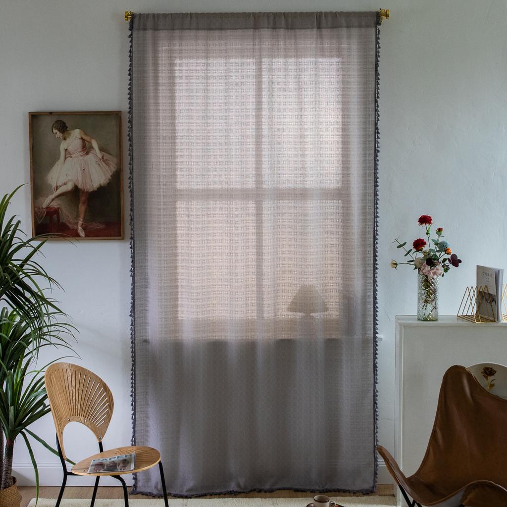 Finished Curtains, American Rural Fringed Window Screens, Solid Color, Gray, Simple Cotton And Linen Lattice