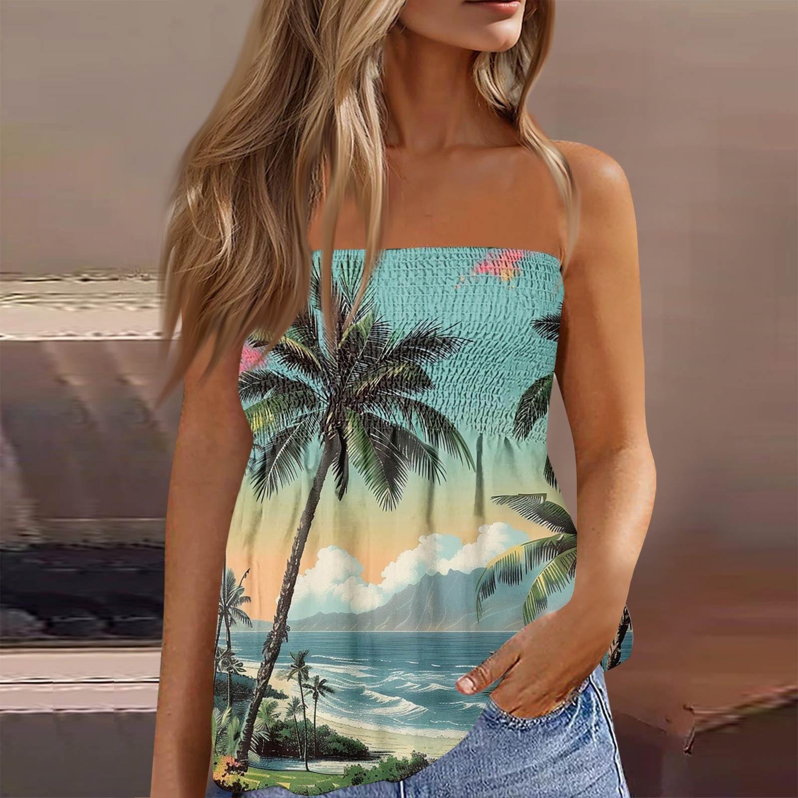 

Літні топи-труби для жінок, мила сексуальна футболка без рукавів з квітковим принтом з відкритими плечима S