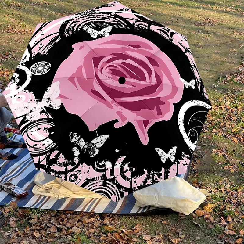 1PC Rose Butterfly Umbrella-8-Rib Reinforced, Automatic Open, Lightweight & Durable, Cute Fashion Accessory for Outdoor-P0701