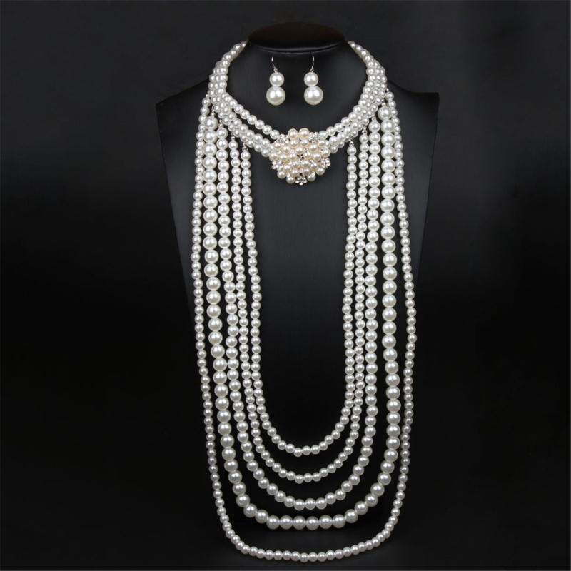 Elegant Faux Pearls Collar Bib Necklace Earrings Fashionable Beaded Jewelry Set Multilayered Strand Accessory for Women