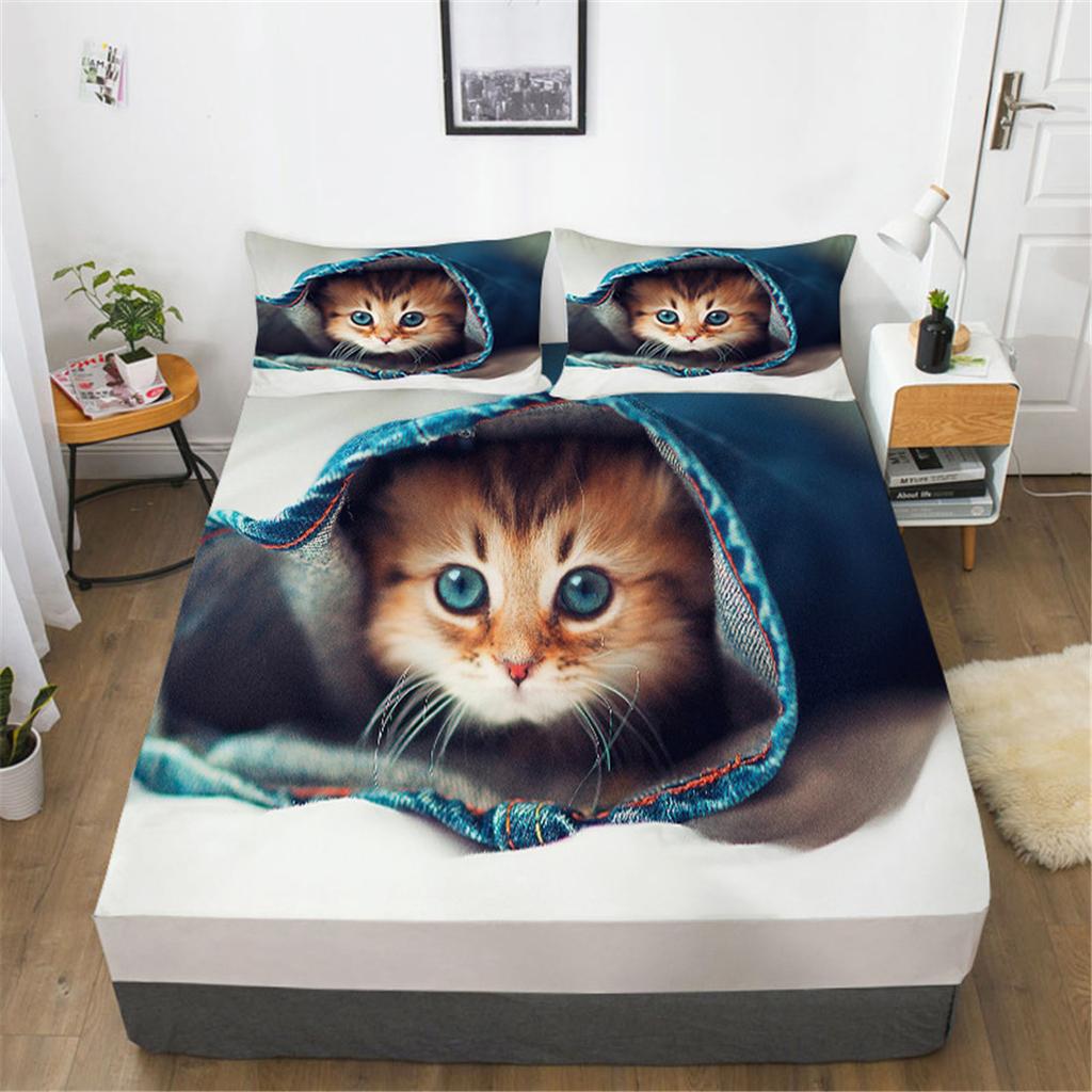 Katzen Bettlaken Set, Niedliche Katzen Bettwäsche Set und Kissenbezug, Tierbettwäsche Spannbettlaken, Weiche Mikrofaser Tagesdecke Bezug Dekor 3-teilig