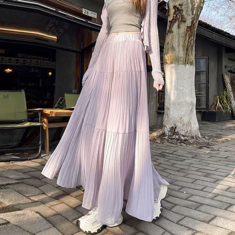 Petite Women s Purple Layered Chiffon A-Line Pleated Midi Skirt - High-Waisted, Slimming, Versatile Summer Style Regular Purple [Height above 157cm]