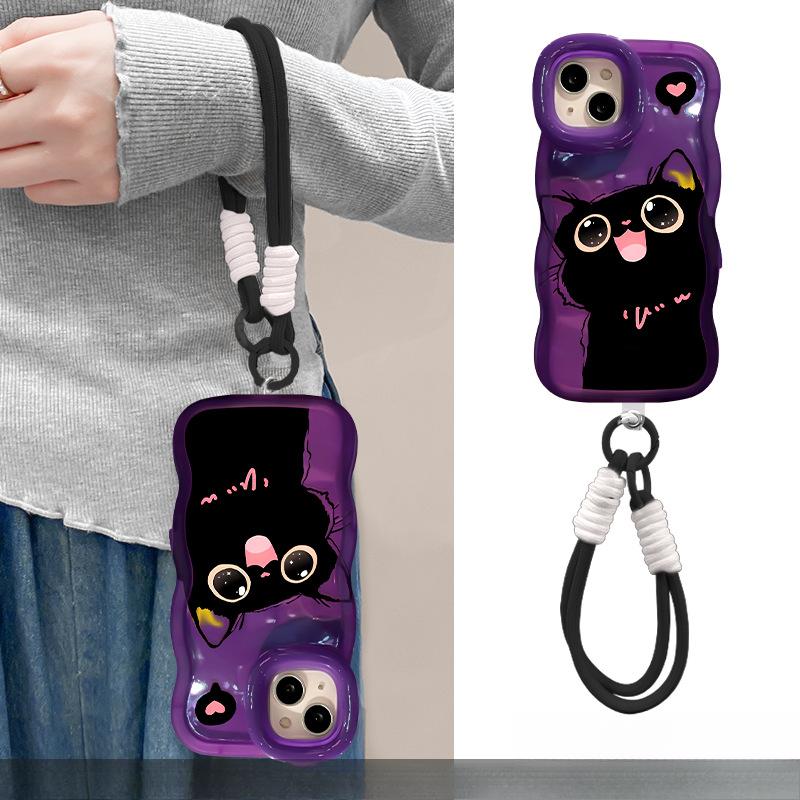 

Милый брелок с черным котом, Подходит для чехла для телефона Apple 16promax 15, Прозрачный силикон 14, Двойная подставка 13, Нишевый 12 Huawei nova 12