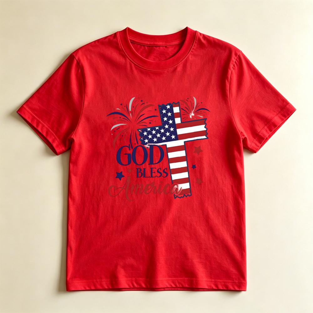God Bless America American Flag Cross Graphic TShirt Patriotic 4th Of July Christian Tee Usa Independence Day Faith T
