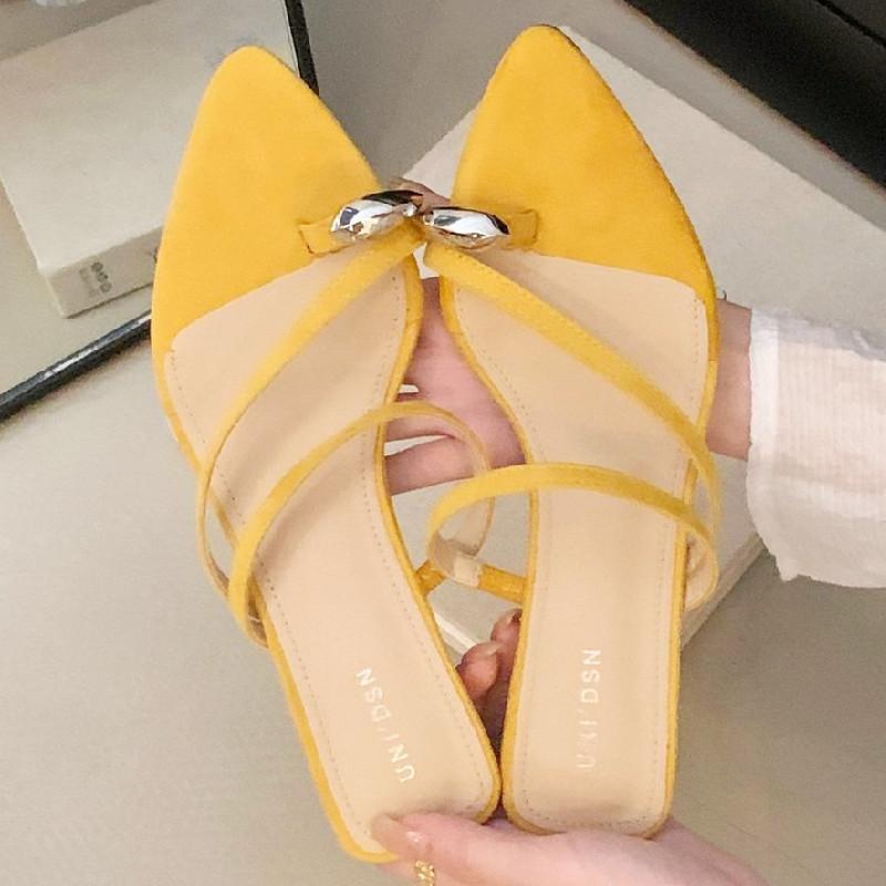 

Fashion Leopard Print Narrow Band Design Women Sandals Fashion Metal Decoration Pointed Toe Slide Sandal Comfortable Non-slip Beach Shoe 39 жёлтый