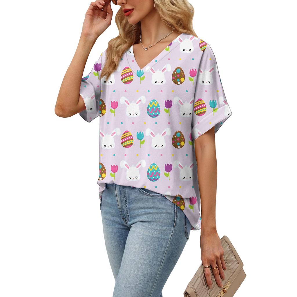 Women's Fashionable Casual Everyday Versatile Easter Print Slim-Fit Summer Short-Sleeve Top
