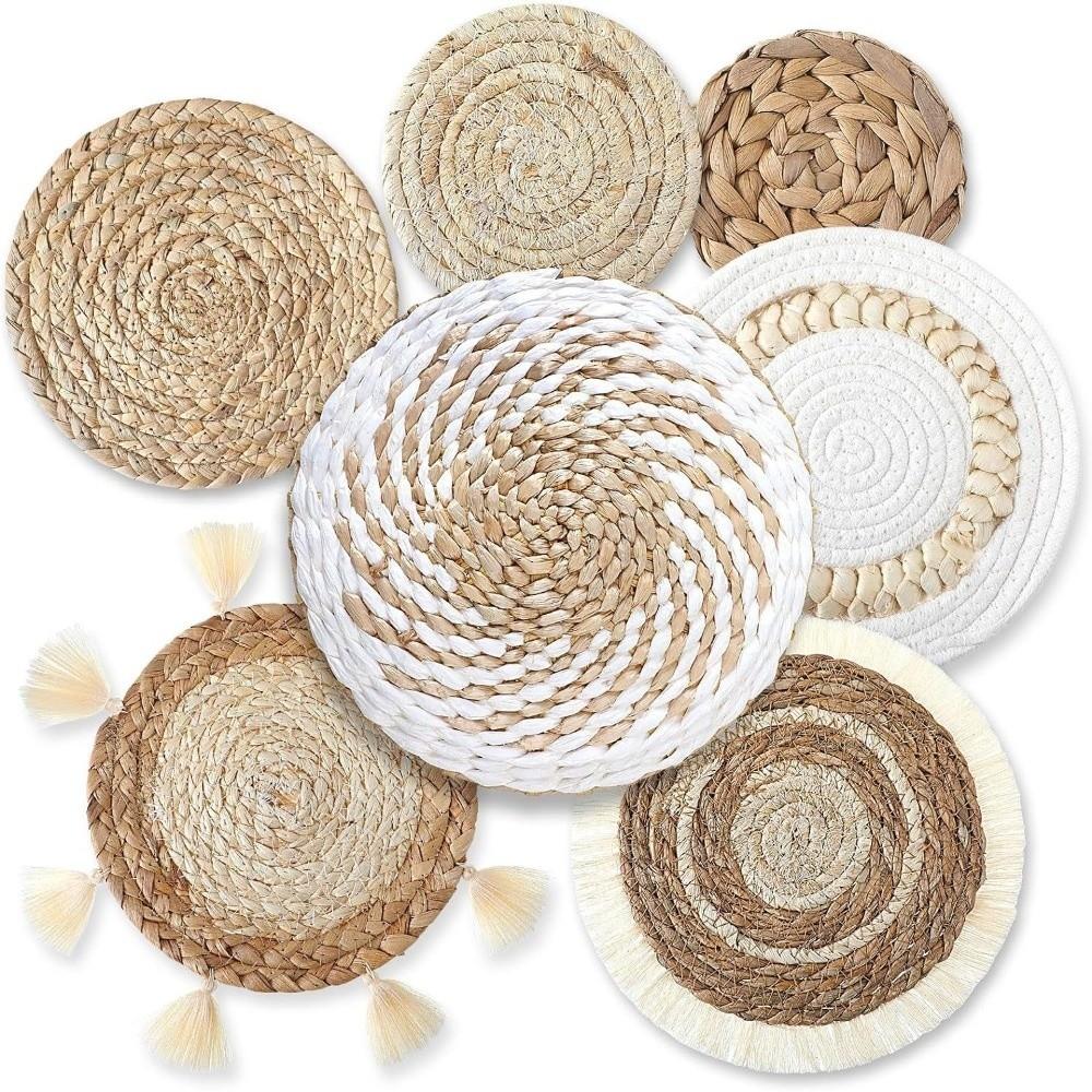 Boho Straw Woven Tray Wall Decor Round Basket Macrame Straw Wall Hangings Non Slip Heat Resistant Woven Coaster Placemat