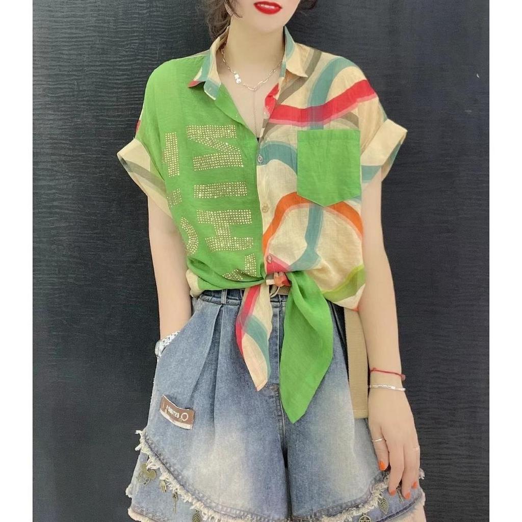 Y2K Summer Casual Fashion Diamonds Patchwork Chiffon Shirt Lady Short Sleeve Loose All-match Buttons Tops Women Printed Blouse