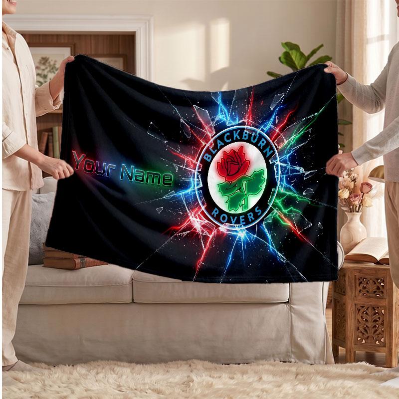 Blackburn Rovers FC Personalized Fleece Blanket With Football Logo, Custom Name Text Soft Warm Home Throw Blanket
