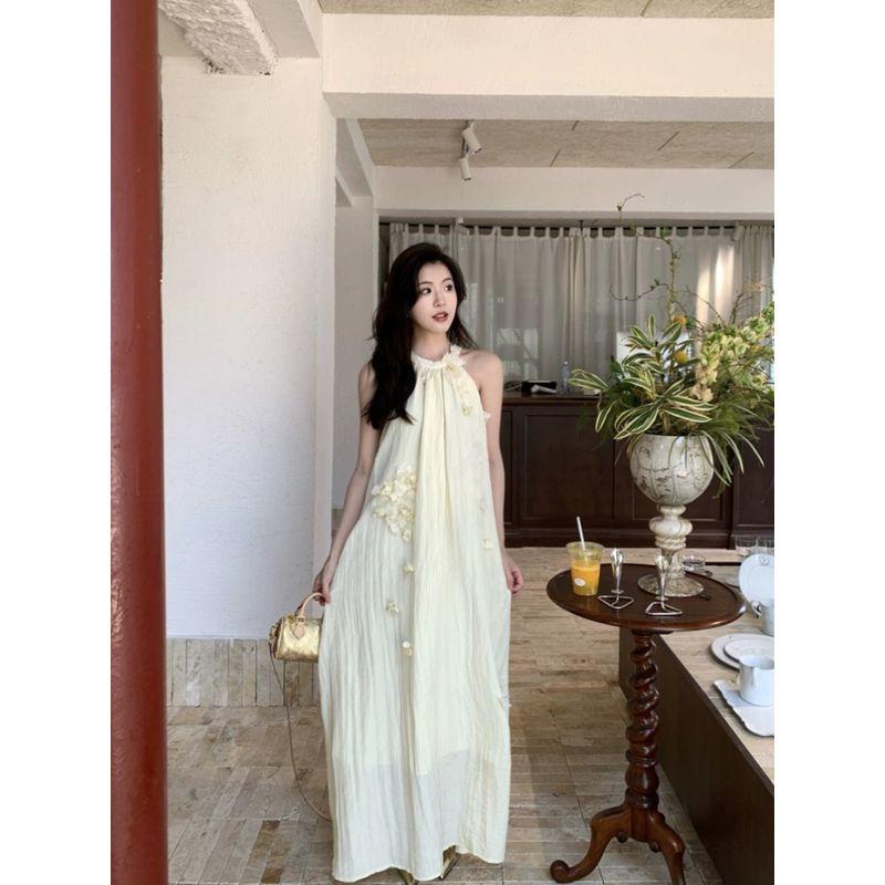 Three-Dimensional Halterneck Summer Elegant Loose A- Line Skirt Flowers