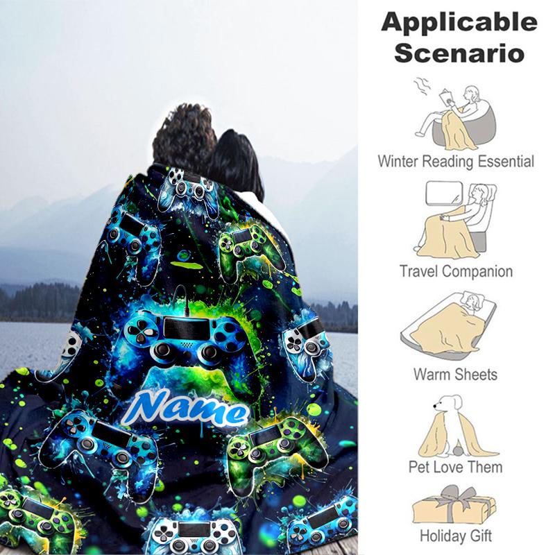 1PC Custom Name Video Game Controllers Flannel Blanket Versatile, All-season Throw Suitable for the Living Room, Bedroom, Camping, Travel, and Gift