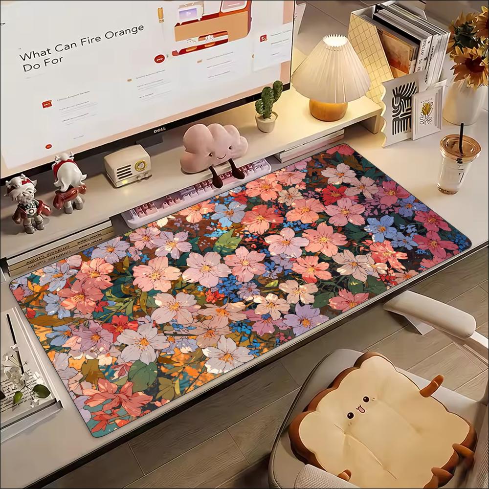 Desk Mat Vibrant Watercolor Floral Print Stitched Edge AntiSlip Rubber Base Mouse Pad For Gaming Working Home Office