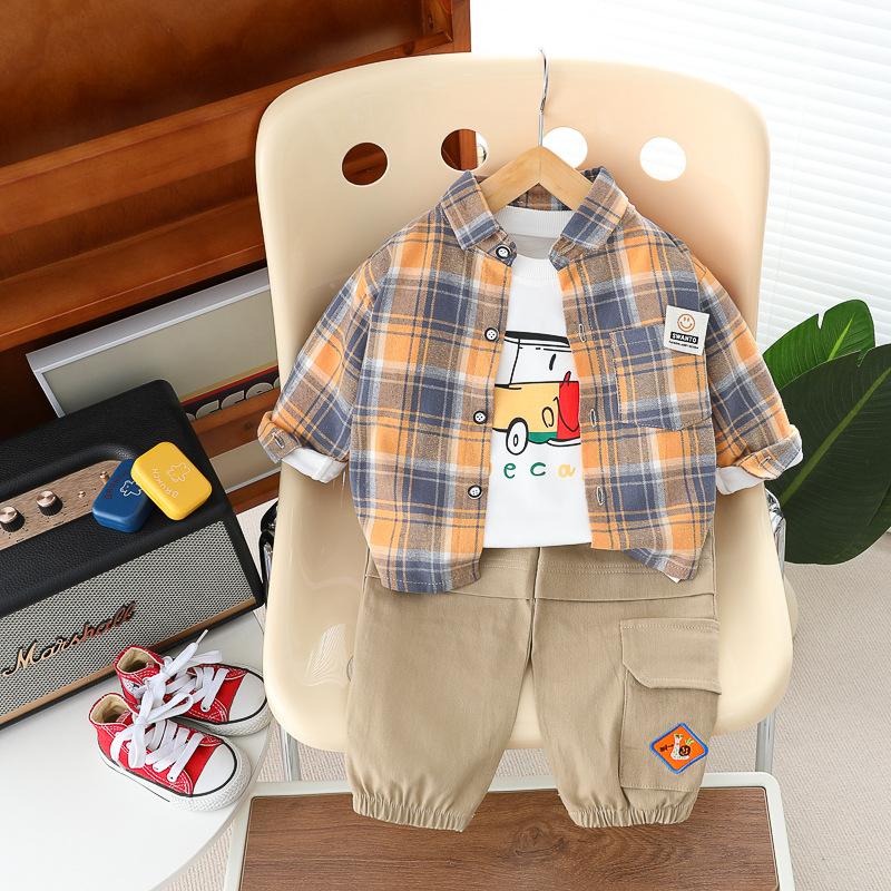 Children's Spring and Autumn Set 2025 New Boys' Fashionable Children's Checkered Shirt and Jeans Three Piece Set Kids Outfits