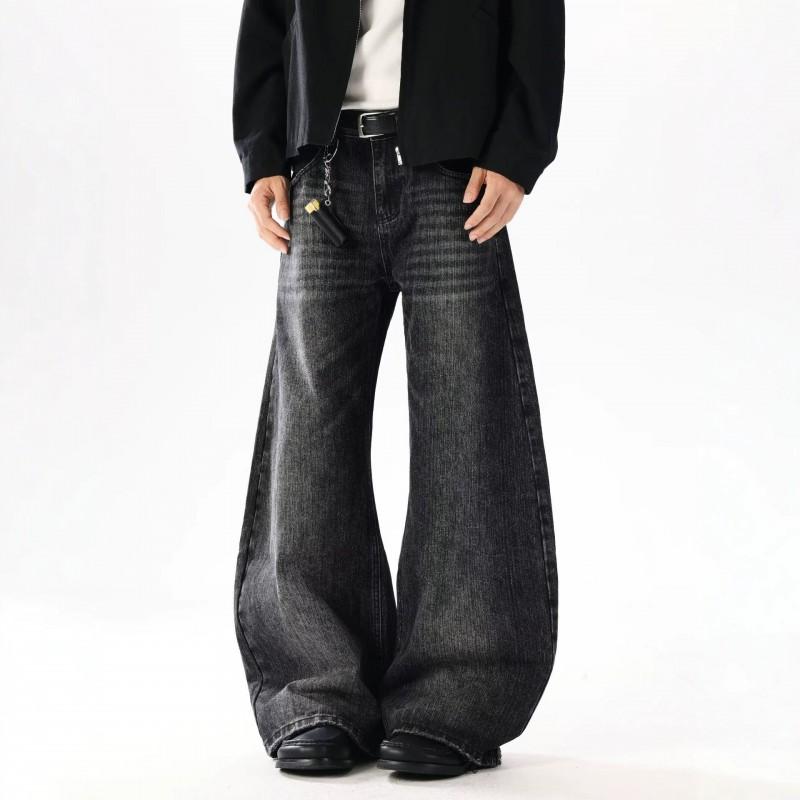 Mens Womens Washed Distressed Slub Denim Straight Leg Jeans Casual Loose Fit Wide Pants