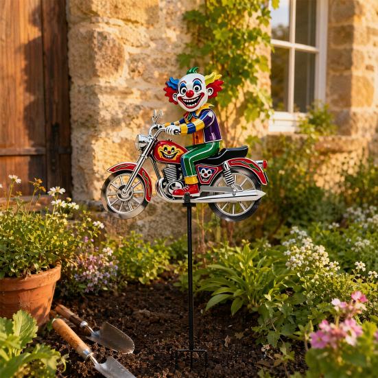 Spinning Clown Motorcycle Wind Spinner, Rotating Wheels Metal Kinetic Yard Art with Stake, Weatherproof Windmill Sculpture for Outdoor Lawn Patio