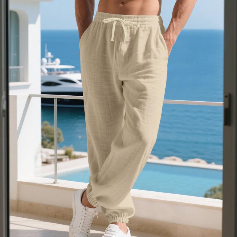 Four Seasons New Linen Men's Pants at Home Casual Simple Loose Wide-leg Ties Trousers