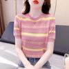 Striped Short Sleeved Knitted Shirt for Women in Summer Round Neck Top Korean Version for Women