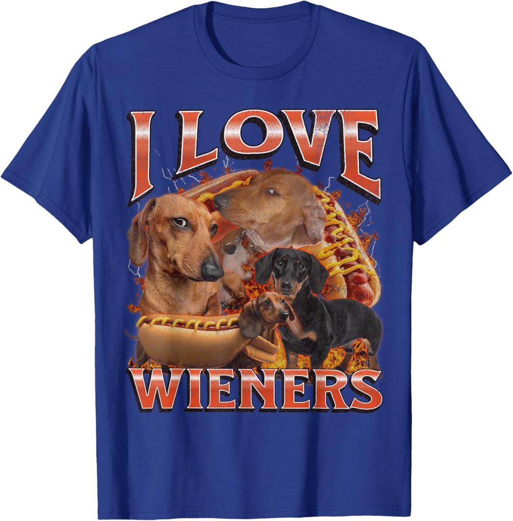 I Love Wieners Dachshund Dog Hot Dog Graphic Tee Funny Casual Cotton Short Sleeve T-Shirt Pets Owner Walking Outdoor