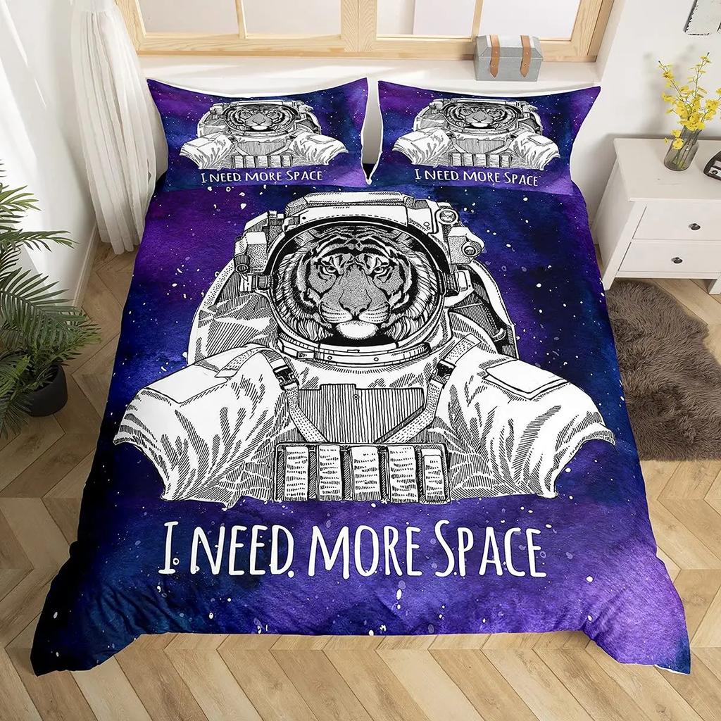 Galaxy Tiger Duvet Cover Set Blue Nebulas Stars Moon Bedding Sets Outer Space Wildlife Sky Starry King Comforter Cover Set