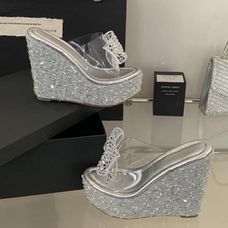 Summer PVC Transparent Butterfly-knot Sandals Women Open Toe Platform Wedges Heels Sequin Cloth Party Shoes