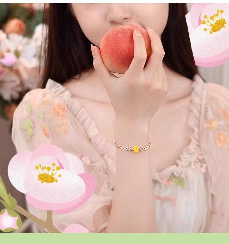 999 Pure Gold Peach Blossom Bracelet with 3D Hard Gold Luck Bead and Cherry Blossom Red Hand Rope