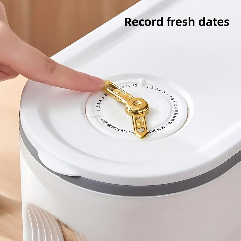 Großer 2-in-1-Reisspender und Vorratsbehälter für trockene Lebensmittel mit Messbecher und Zeitskala, Küchen-Organizer aus Kunststoff mit Klappdeckel für Getreide