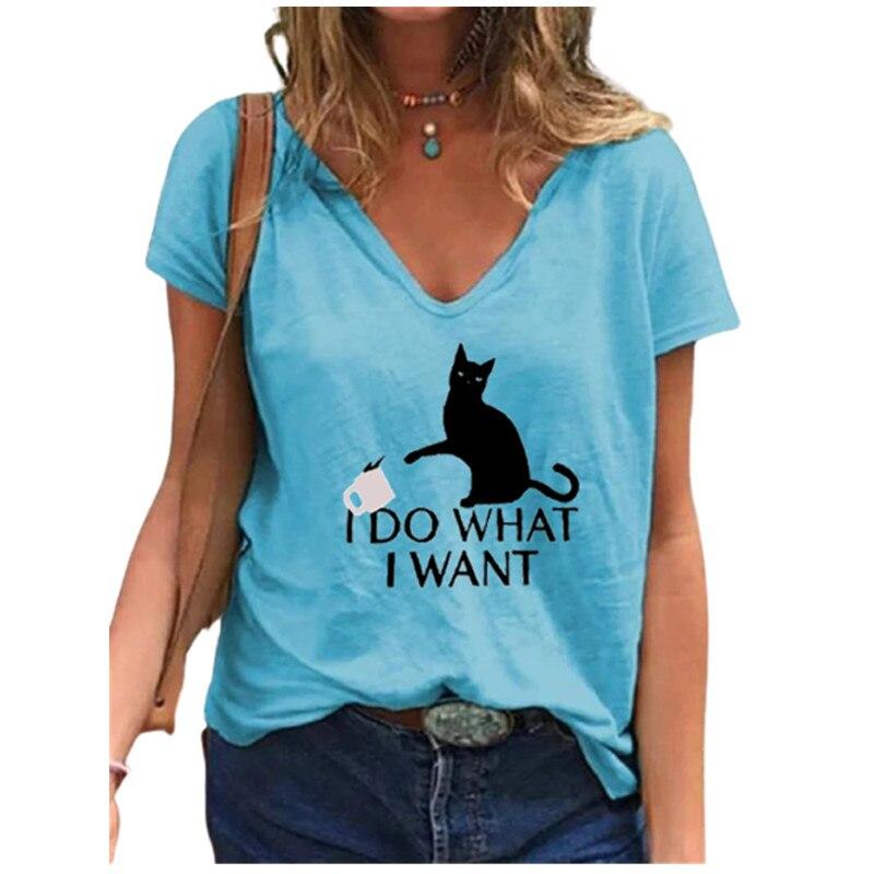 Fashion Spring  Black Cat Print Blouses Short Sleeved V-Neck T Shirts Casual
