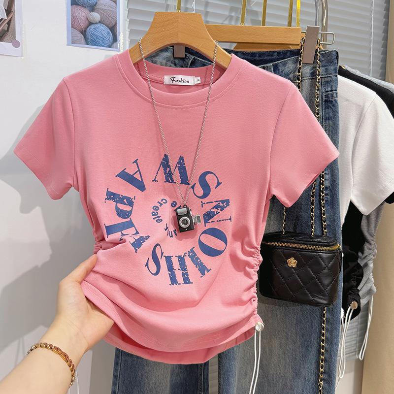White Letter Short-sleeved T-shirt Women's Summer Design Sense Drawstring Front Shoulder Short Half-sleeved Korean Version Foreign Style Top